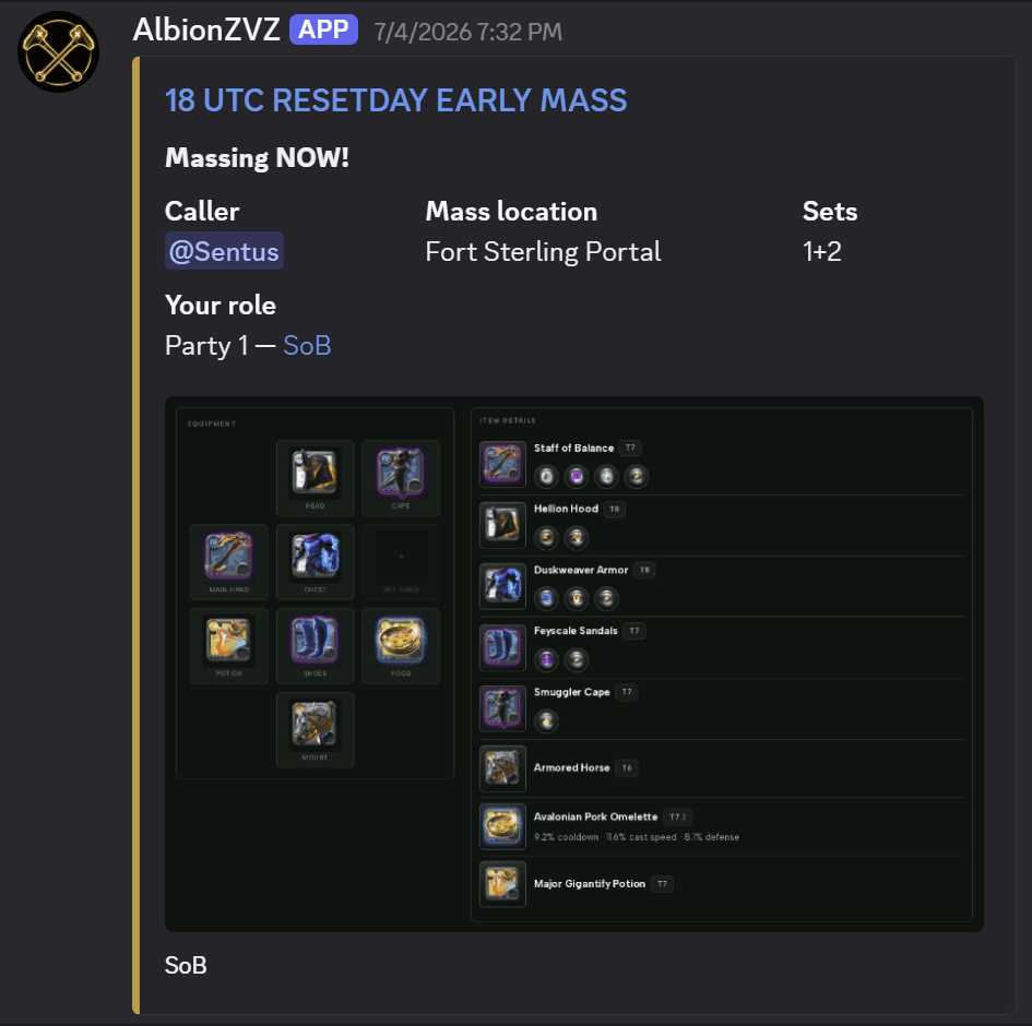 Discord DM from AlbionZVZ with live massing embed and Song of the Bow build preview