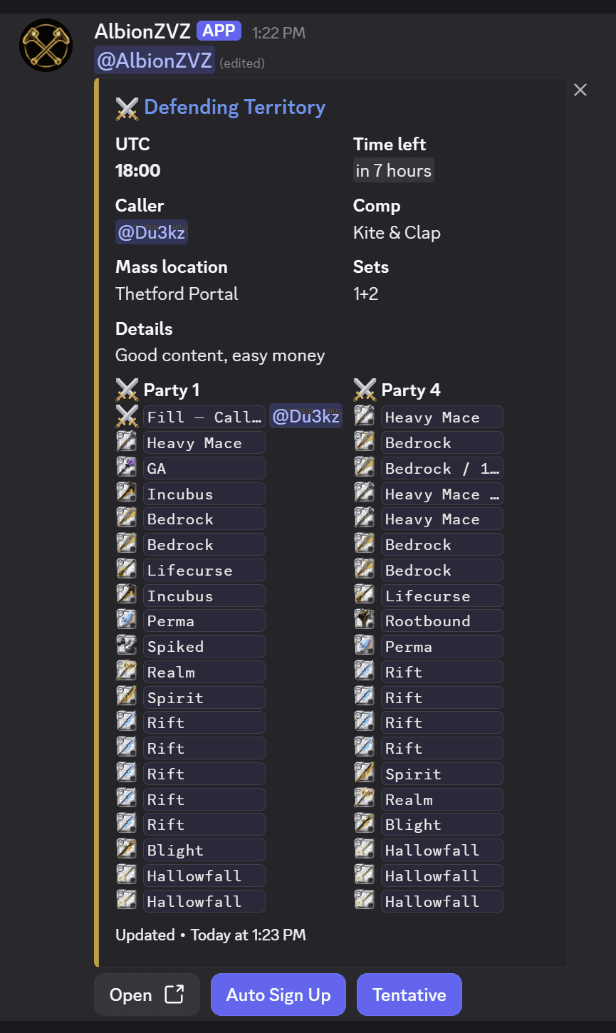 Discord event post with mass details, party rosters, and Auto Sign Up and Tentative buttons