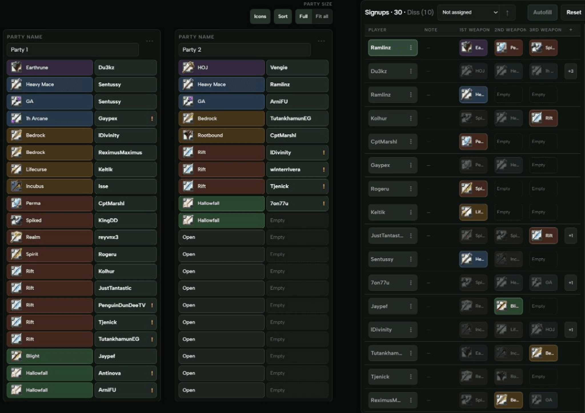 Event signup sheet with party rosters, weapon picks, and signup table